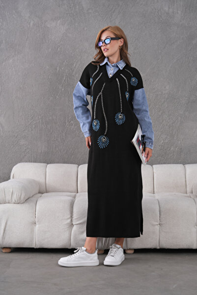 Miss Allos Kadın Kolları Kot Önü Boncuk İşlemeli Geniş Kalıp Uzun Triko Elbise