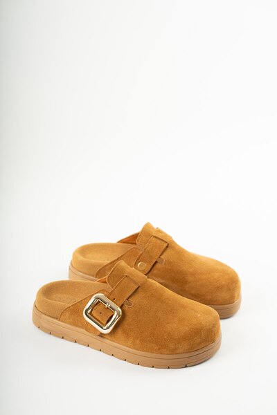 selinshoes Melby Genuine Leather Adjustable Buckle Detailed Women's Slippers - Taba Suede
