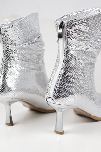 NiceDiffer Kadın İnce Topuklu Gümüş Yılan Derisi Sivri Burunlu Bot