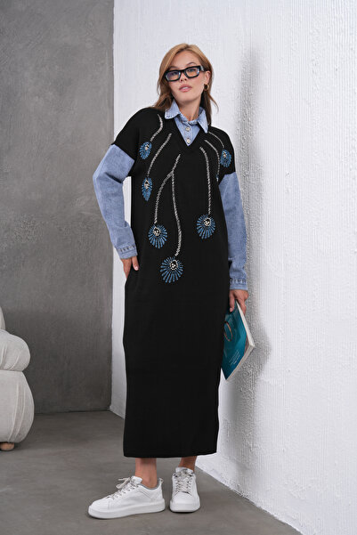 Miss Allos Kadın Kolları Kot Önü Boncuk İşlemeli Geniş Kalıp Uzun Triko Elbise