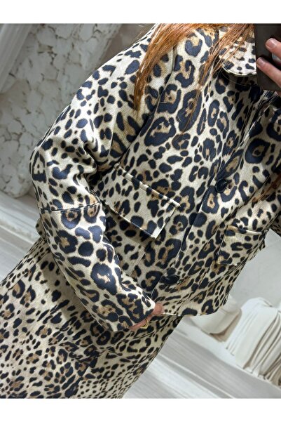 Pulli Collection Süet Leopar Desenli Şort & Ceket Takım