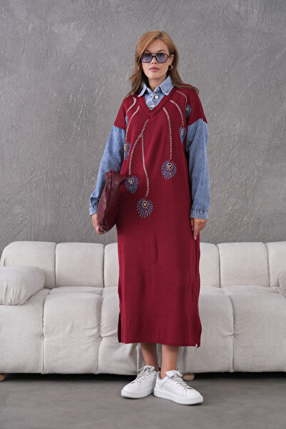 Miss Allos فستان نسائي طويل من التريكو بأكمام جينز مطرزة بالخرز من الأمام وقص...