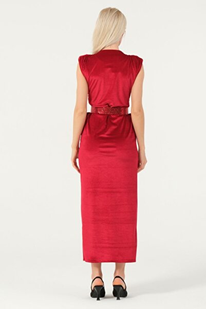 369 etnik butik Velvet Belted Slit Detailed Long Evening Dress