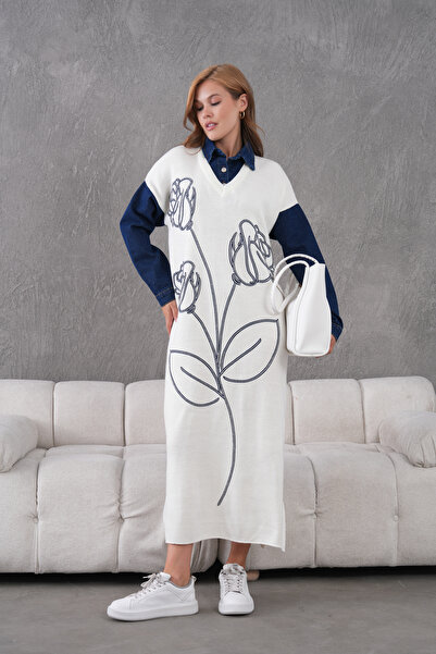 Miss Allos Women's Sleeves Denim Front Beading Wide Fit Long Knitwear Dress