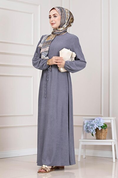 Sevitli Beli Tünelli Ribbed Aslı Dress-Grey