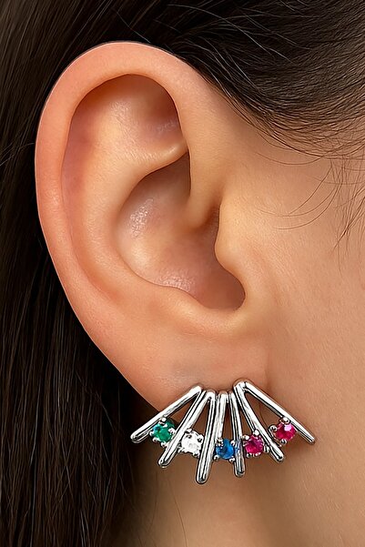 TAKIŞTIR أقراط YSX مرصعة بالأحجار الفضية اللون (زوج)