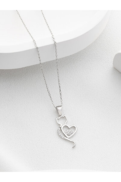 Two Arts Jewelry Kadın 925 Ayar Gümüş Kedi Kalp Kolye | Hediye Kutusunda