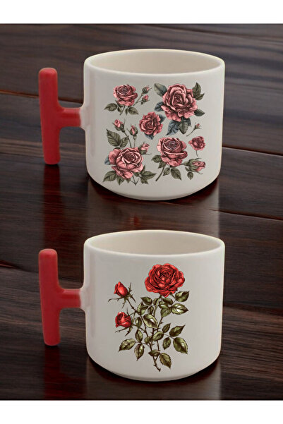 lili hediyelik طقم من كوبين للاتيه مطبوع عليه وردة - أكواب سيراميك للشاي والق...