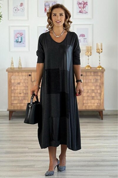 Nevin Kaya Moda Antrasit Dama Desenli Yün Viskon Elbise
