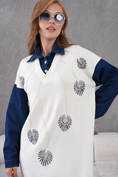 Miss Allos Kadın Kolları Kot Önü Boncuk İşlemeli Geniş Kalıp Uzun Triko Elbise