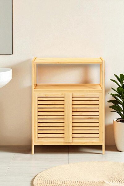 Digithome منظم حمام من الخيزران بغطاء مزدوج ورفين، خزانة أفقية DB-0038-HYT2