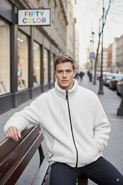 Fifty Color Λευκό μπουφάν υψηλής ποιότητας με ψηλό γιακά, με φερμουάρ, φλις, βελούδινο