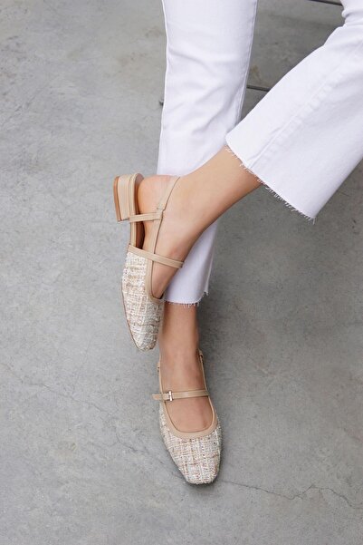 LamintaGlobal Sista Beige Women's Ballerinas with Tweed Detail