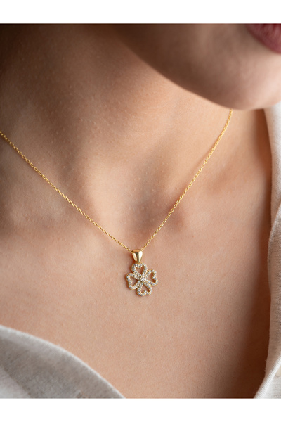 Two Arts Jewelry Zirkon Taşlı Dört Yapraklı Yonca Kolyesi | 925 Ayar Gümüş / 14K Altın Kaplama / Bronz Seçenekli