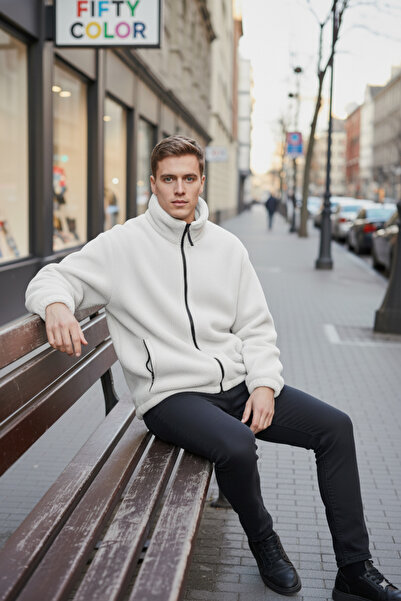 Fifty Color Λευκό μπουφάν υψηλής ποιότητας με ψηλό γιακά, με φερμουάρ, φλις, βελούδινο