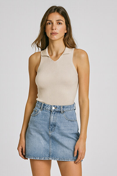 Minora Women's Polo Neck Ribbed Knitwear Bodysuit Beige