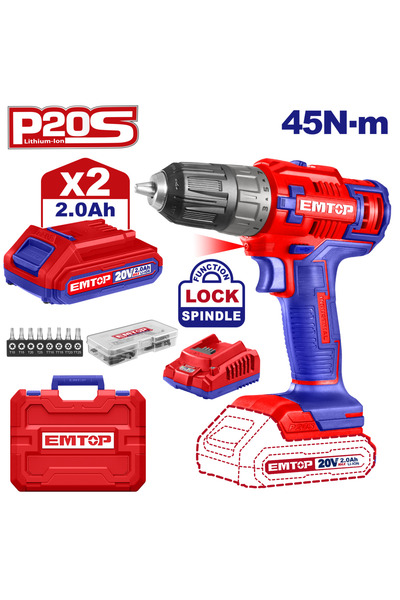 EMTOP Mașină de găurit și șurubelniță cu 2 baterii de 2.0AH, 55 de accesorii,...