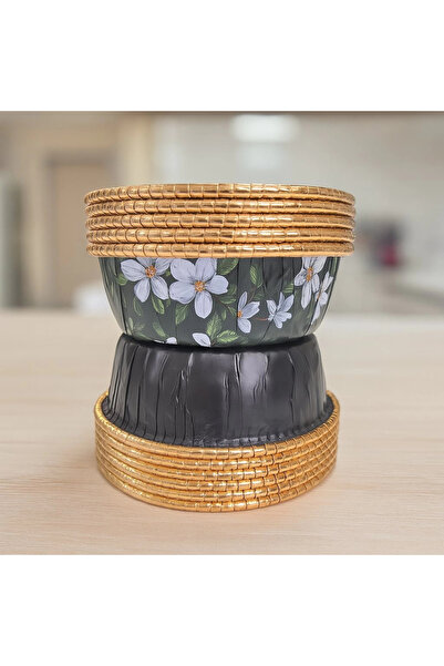 supertrend Premium Çiçek Desenli Siyah Yuvarlak Aşure-Tatlı Kase 12li