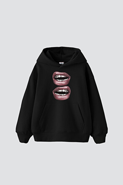 Sekizbiraltı Μαύρο φούτερ με κουκούλα με στάμπα V2 Lip Teeths Oversize Unisex