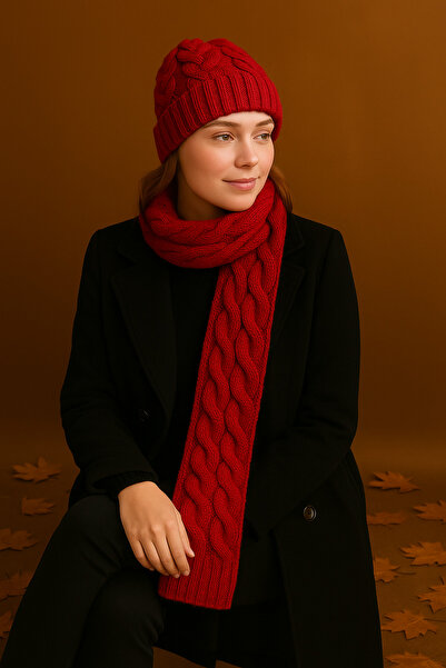 SİSTEM PELUŞ Women's Elegant Knitted Patterned Beanie & Scarf Set