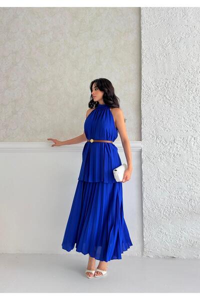 Serica Moda Rochie cu curea cu guler pliat albastru Saks