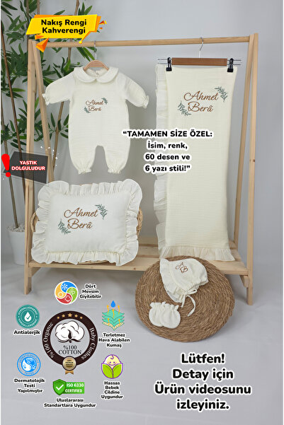 gros shop Müslin Yeni Doğan 4Katlı Organik %100Pamuk Kişiye Özgü Nakışlı Hast...