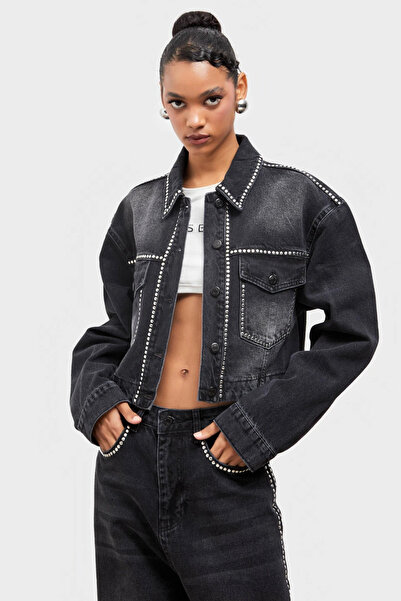 it's basic Women's Dark Smoked 2W41 Color Drop Detailed Design Denim Crop Jacket