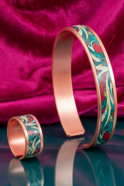 OSMANLI GÜMÜŞ Women's Copper Bracelet Ring Set - Garden Model Special Edition Metal Box and Quartz Stone