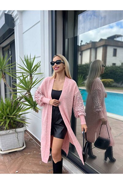 For Angels Long Knit Cardigan with Sequin Sleeves