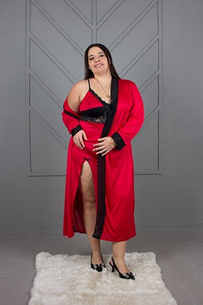 Truva XXL The Color of Love Is Red: Plus Size Silk Combed Cotton Nightgown Set