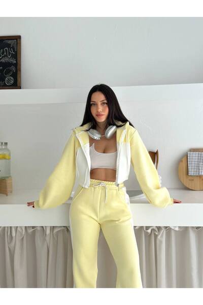 By Kuzey Aras Women's 2 Color Design Three Thread Ribbed Fabric Casual Tracksuit Set