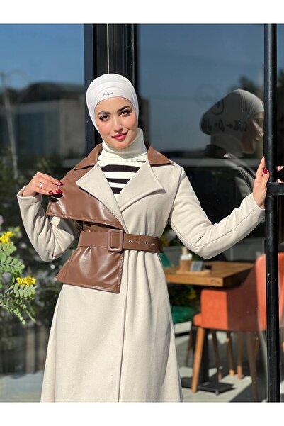 Esre Store 44114 - Deri Detaylı Tesettür Kaban Kahverengi-A3