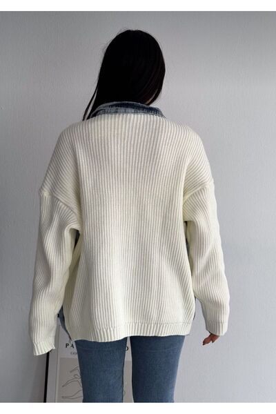 ALVOR Women's Oversize Denim Jeans Garnished Cardigan with Sleeves and Pocket Knitwear