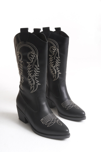 LUQSE SiYAH RENK BEYAZ NAKIŞLI YENİ SEZON KADIN KOVBOY ÇİZME