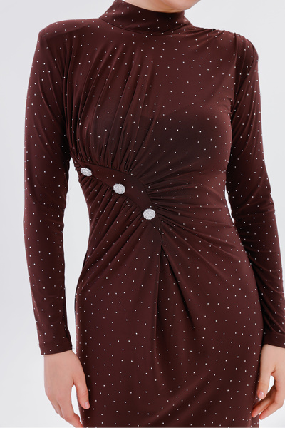 Moda Palmiss Kadın Acı Kahve Taşlı Uzun Kollu Sandy Abiye Elbise