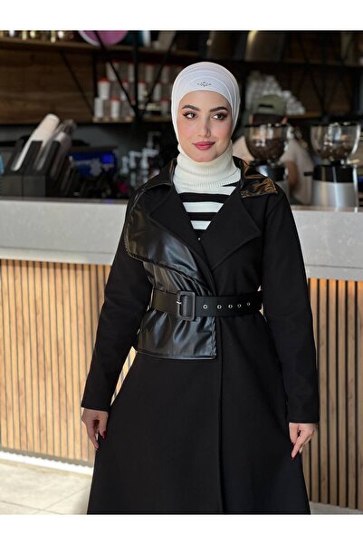 Esre Store 44114 - Deri Detaylı Tesettür Kaban Siyah-A3