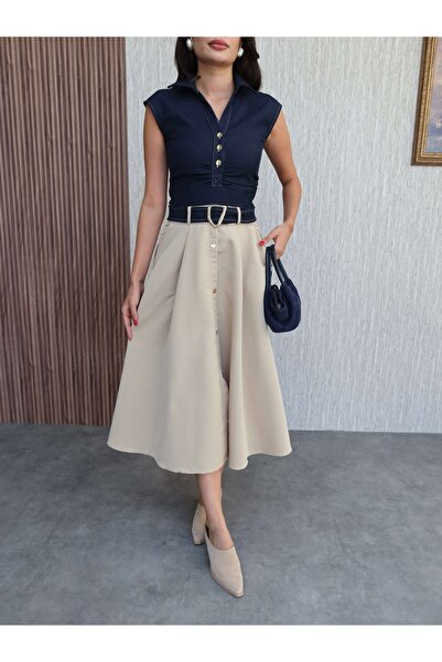 ESRAHELVACI Düğme Detaylı Kontrast Midi Elbise
