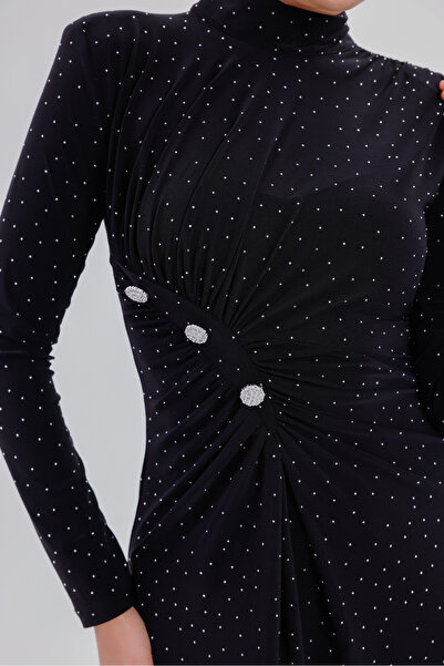 Moda Palmiss Γυναικείο βραδινό φόρεμα με μακρύ μανίκι από μαύρη πέτρα