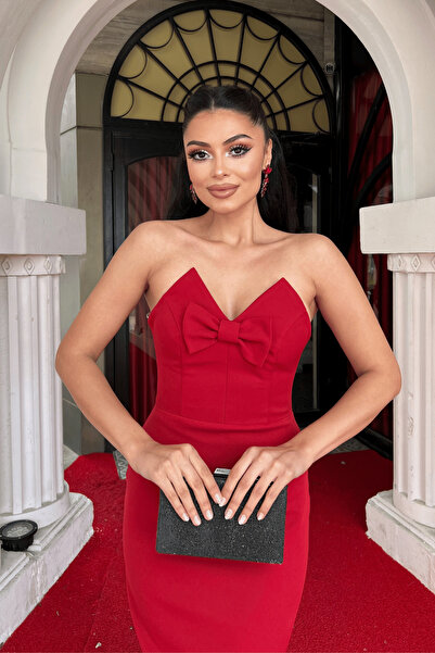 giyimmasalı Atlas Fabric Strapless Bow Pencil Dress - Bordo