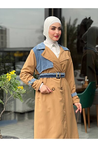 Esre Store 44100 - Renk Detaylı Tesettür Trençkot Camel C-3