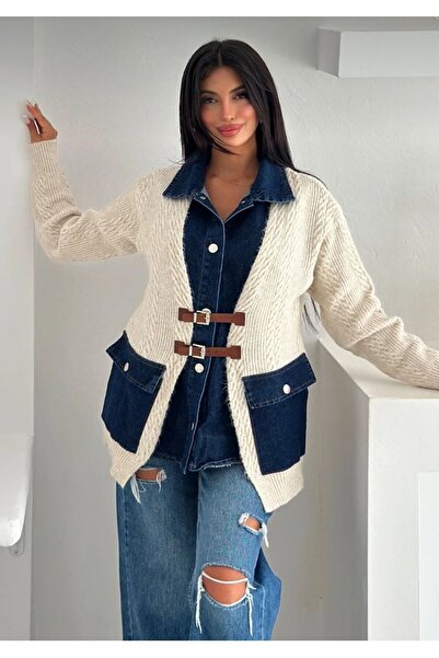 ALVOR Cardigan oversize din tricot cu cămașă din denim și detaliu de buzunar ...