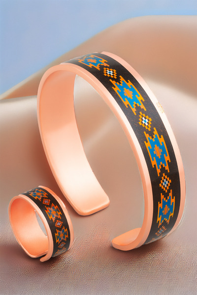 OSMANLI GÜMÜŞ Women's Copper Bracelet Ring Set - Victoria Model Special Edition Metal Box and Quartz Stone