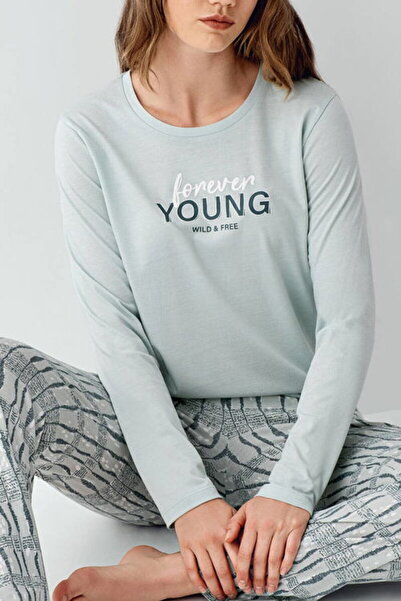 Arnetta Set pijama pentru femei, imprimat, decolteu crew, maneca lunga, cu buzunar, verde, 50% bumbac, 50% modal