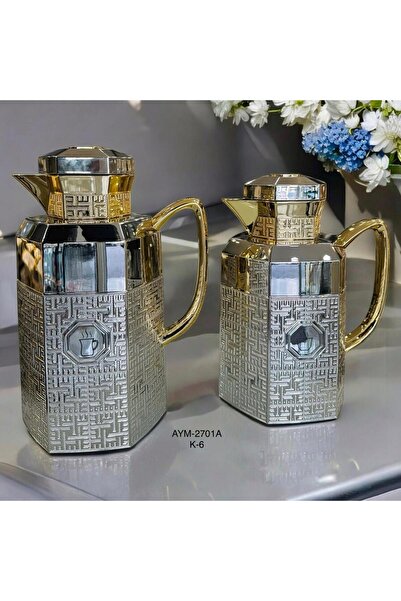 ZETT Coffee and Tea Themed Gold Detail Stylish 2-Piece Thermos Set 1L/0.7L