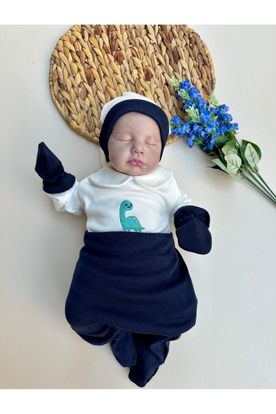 Mama Miel Baby طقم مواليد مطرز بتصميم ديناصور باللون الأزرق الداكن (بدلة، بنط...