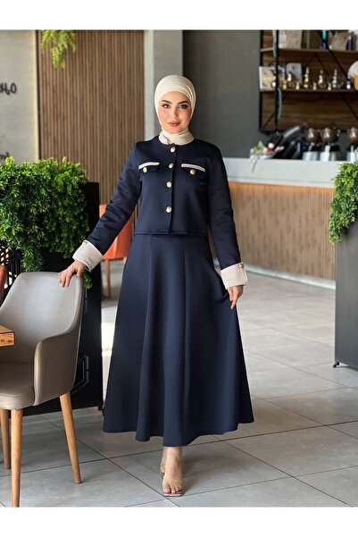 Esre Store 4515 - Costum Hijab dublu din material Scuba, albastru marin