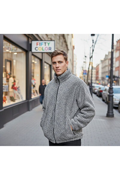 Fifty Color Γκρι Πολυτελής Ποιότητας Μπουφάν με ψηλό γιακά, με φερμουάρ, φλις, βελούδινο