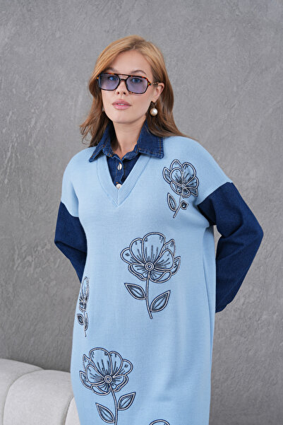 Miss Allos Kadın Kolları Kot Önü Boncuk İşlemeli Geniş Kalıp Uzun Triko Elbise