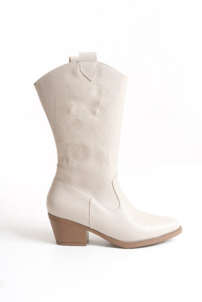 LUQSE BEYAZ NAKIŞLI YENİ SEZON KADIN KOVBOY ÇİZME