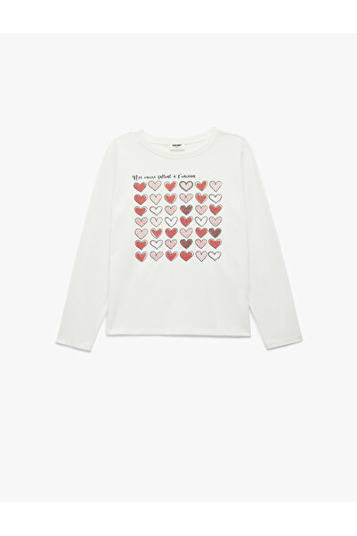 Koton Long Sleeve Cotton Crew Neck Glitter Heart Print T-Shirt